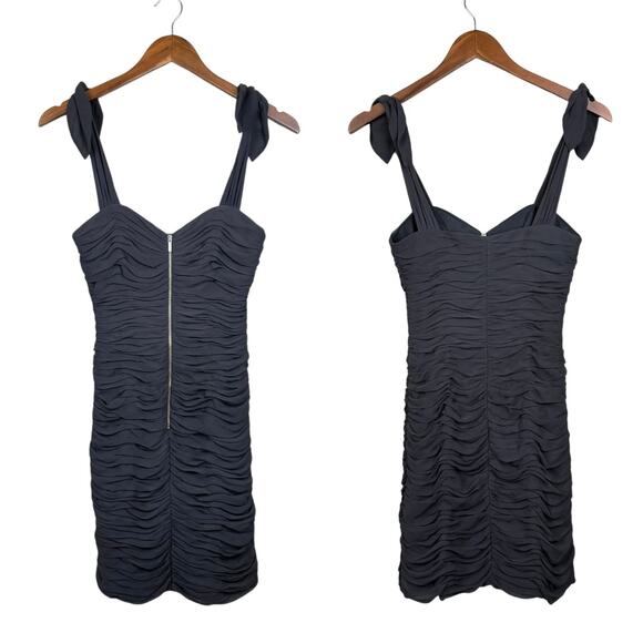 Rebecca Taylor 100% Silk Chiffon Black Ruched Zip Front Bodycon Mini Dress - Picture 1 of 8